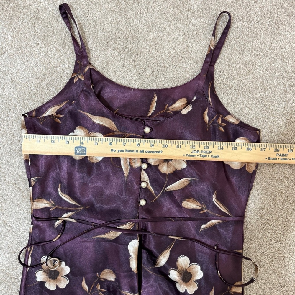 Vintage Purple Floral Satin Slip Dress Mini Faux Pearl Buttons Back Tie - Picture 10 of 12